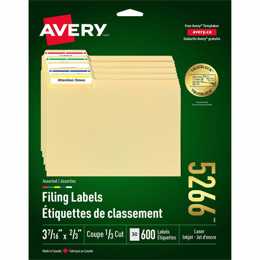 Avery&reg; Filing Labelswith TrueBlock™ Technology for Laser and Inkjet Printers, 2/3" x 3-7/16" , Assorted Colours, 600/pk