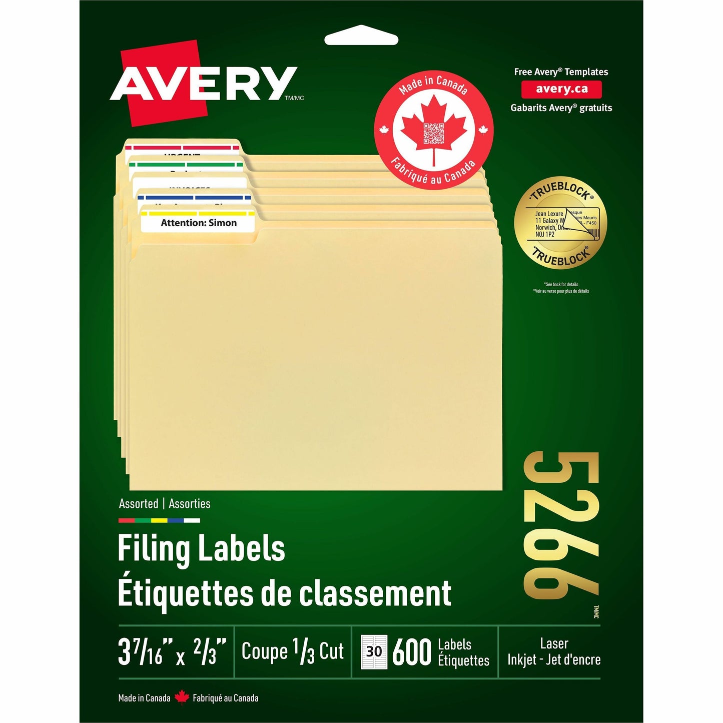 Avery Assorted Filing Labels with TrueBlock™ Technology for Laser and Inkjet Printers, 2/3" x 3-7/16"