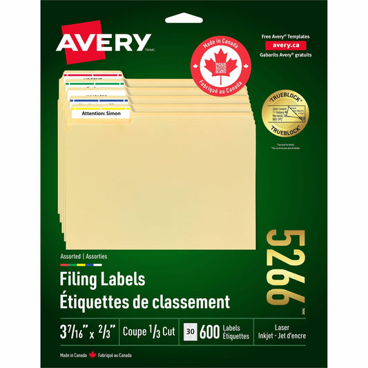 Avery Assorted Filing Labels with TrueBlock™ Technology for Laser and Inkjet Printers, 2/3" x 3-7/16"