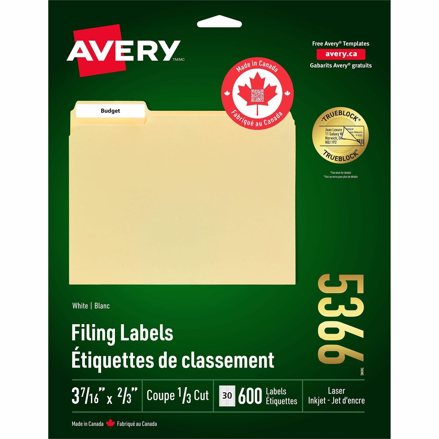 Avery White Filing Labels with TrueBlock™ Technology for Laser and Inkjet Printers, 3-7/16" x 2/3"