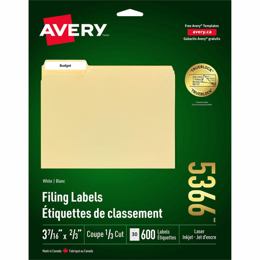 Avery&reg; Filing Labelswith TrueBlock™ Technology for Laser and Inkjet Printers, 3-7/16" x 2/3" , White