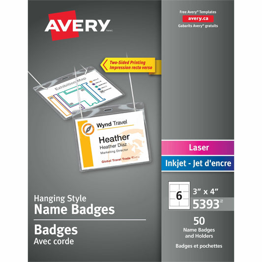 Avery&reg; Hanging Name Badge kitfor Laser and Inkjet Printers, 3" x 4"