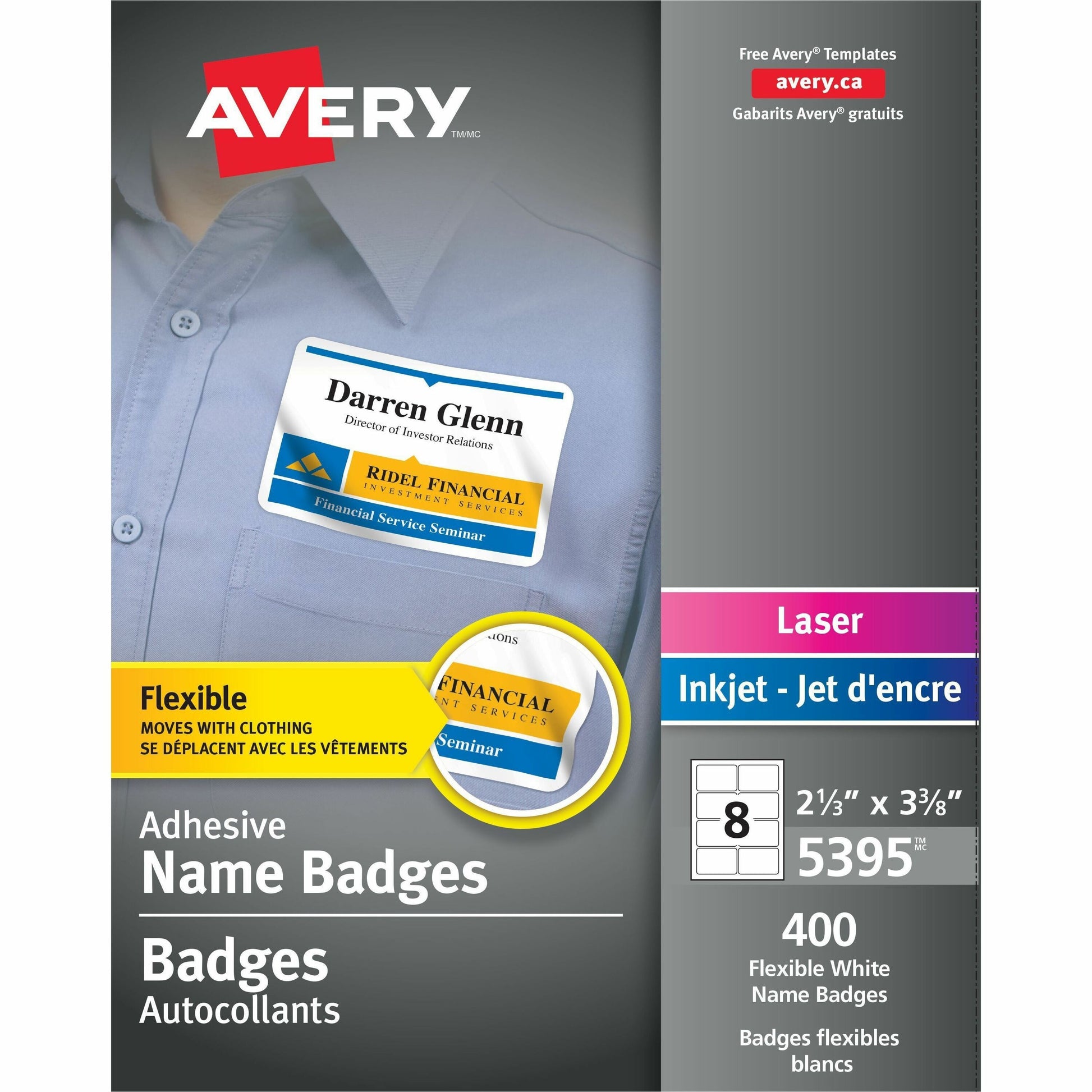 Avery&reg; Flexible Name Badgesfor Laser and Inkjet Printers, 3-3/8" x 2-1/3" , White
