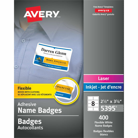 Avery&reg; Flexible Name Badgesfor Laser and Inkjet Printers, 3-3/8" x 2-1/3" , White