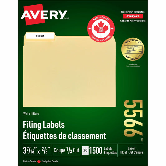 Avery&reg; Filing Labelswith TrueBlock™ Technology for Laser and Inkjet Printers, 2/3" x 3-7/16" , White