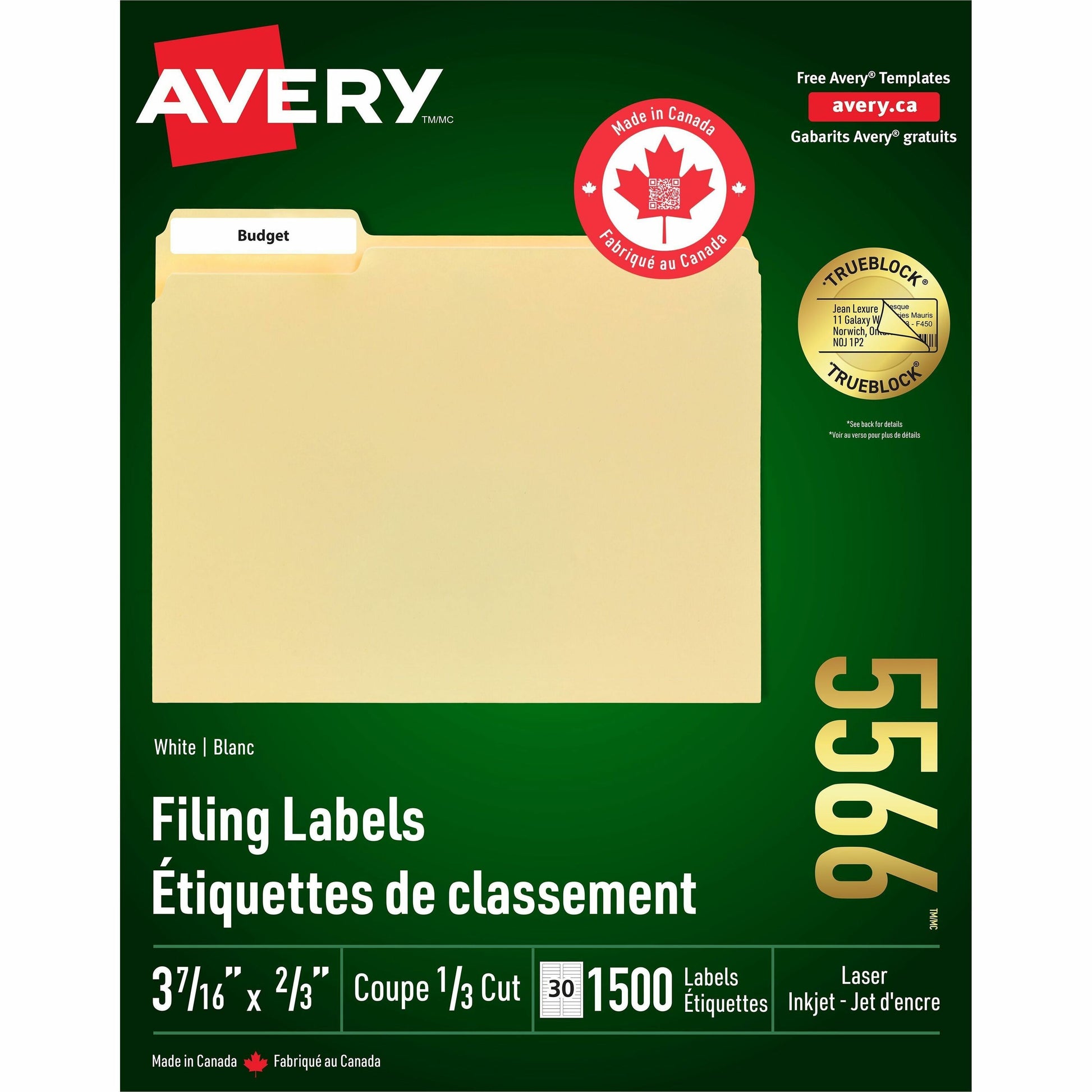 Avery&reg; Filing Labelswith TrueBlock&trade; Technology for Laser and Inkjet Printers, 2/3" x 3-7/16" , White