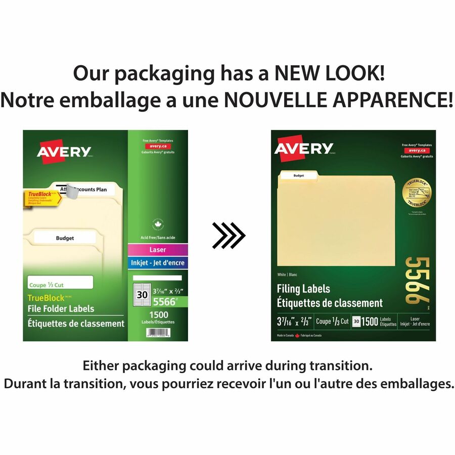 Avery White Filing Labels with TrueBlock™ Technology for Laser and Inkjet Printers, 2/3" x 3-7/16" - 05566