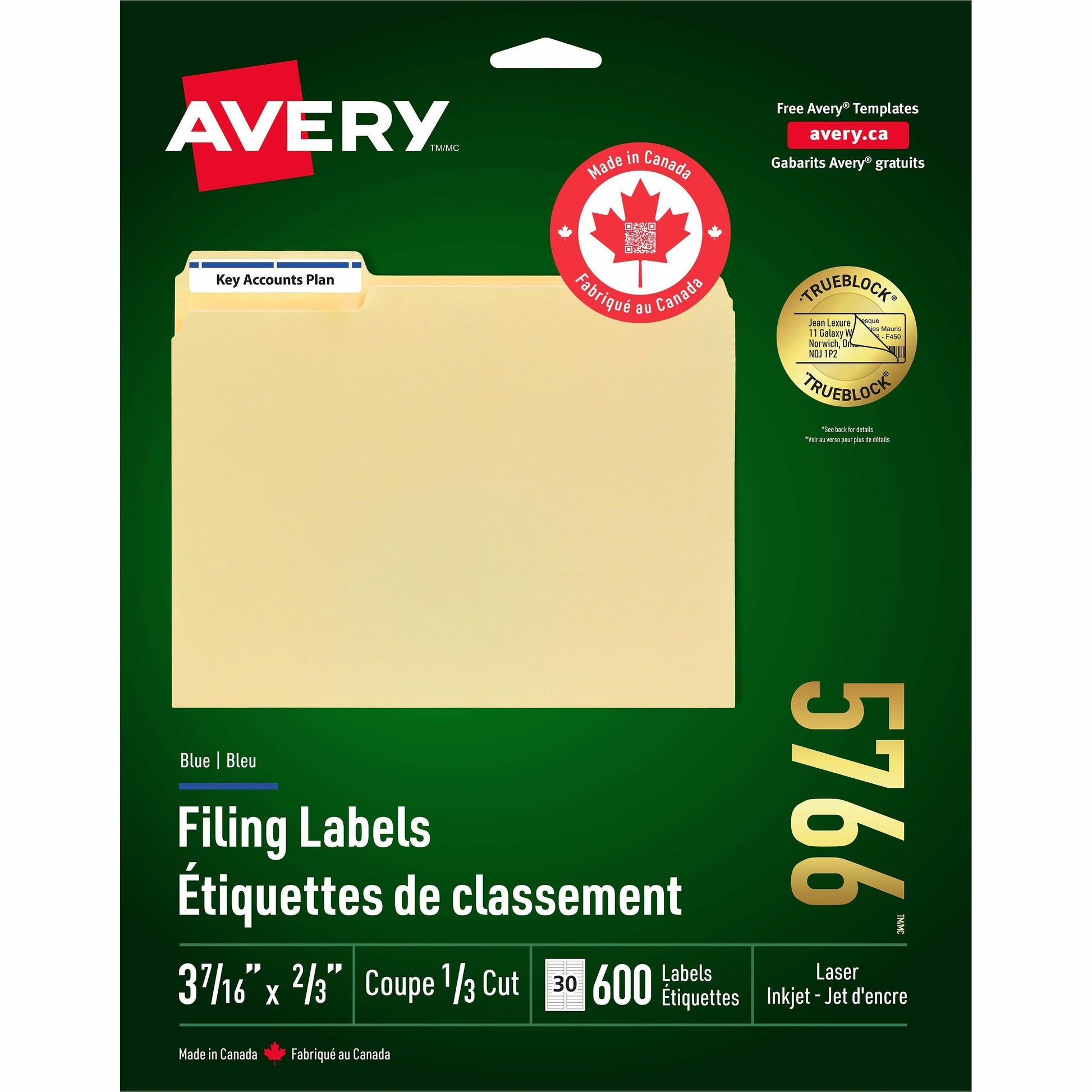 Avery Blue Filing Labels with TrueBlock™ Technology for Laser and Inkjet Printers, 2/3" x 3-7/16"