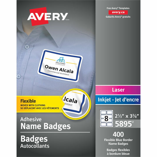 Avery&reg; Flexible Name Badgesfor Laser and Inkjet Printers, 3-3/8" x 2-1/3" , Blue Border