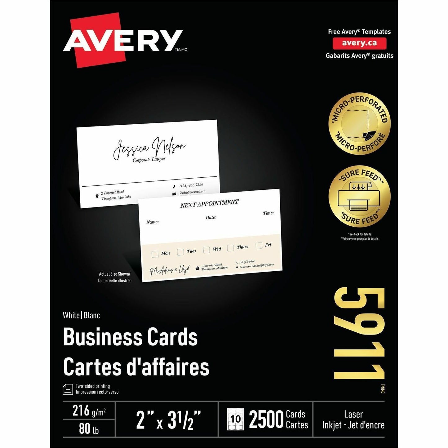 Avery&reg; Printable Business Cards, 2" x 3.5" , White, 2500 Cards (05911)