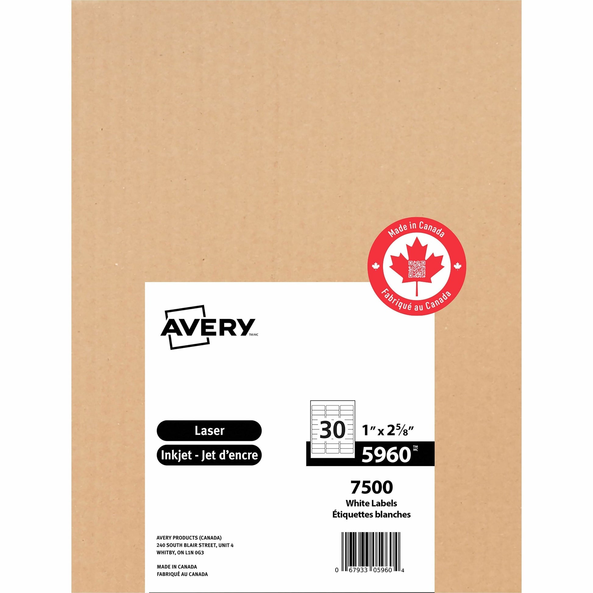 Avery White Rectangle Labels with Sure Feed™ Technology Easy Peel&reg;, 1" x 2-5/8" , Permanent Adhesive, for Laser and Inkjet Printers