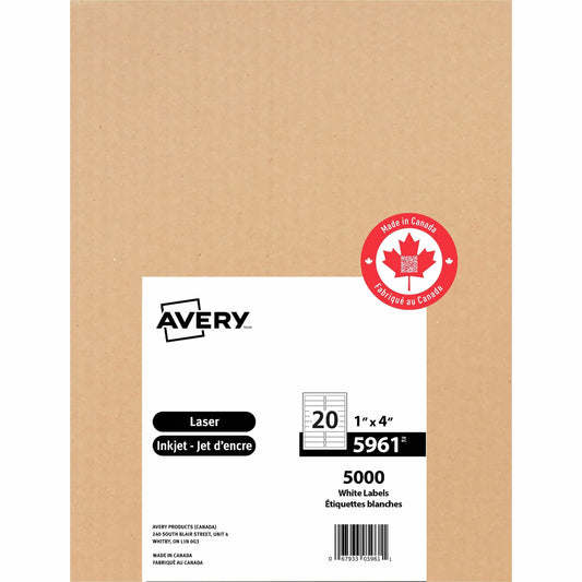 Avery White Rectangle Labels with Sure Feed™Technology Easy Peel&reg;, 1" x 4" , Permanent Adhesive, for Laser and Inkjet Printers