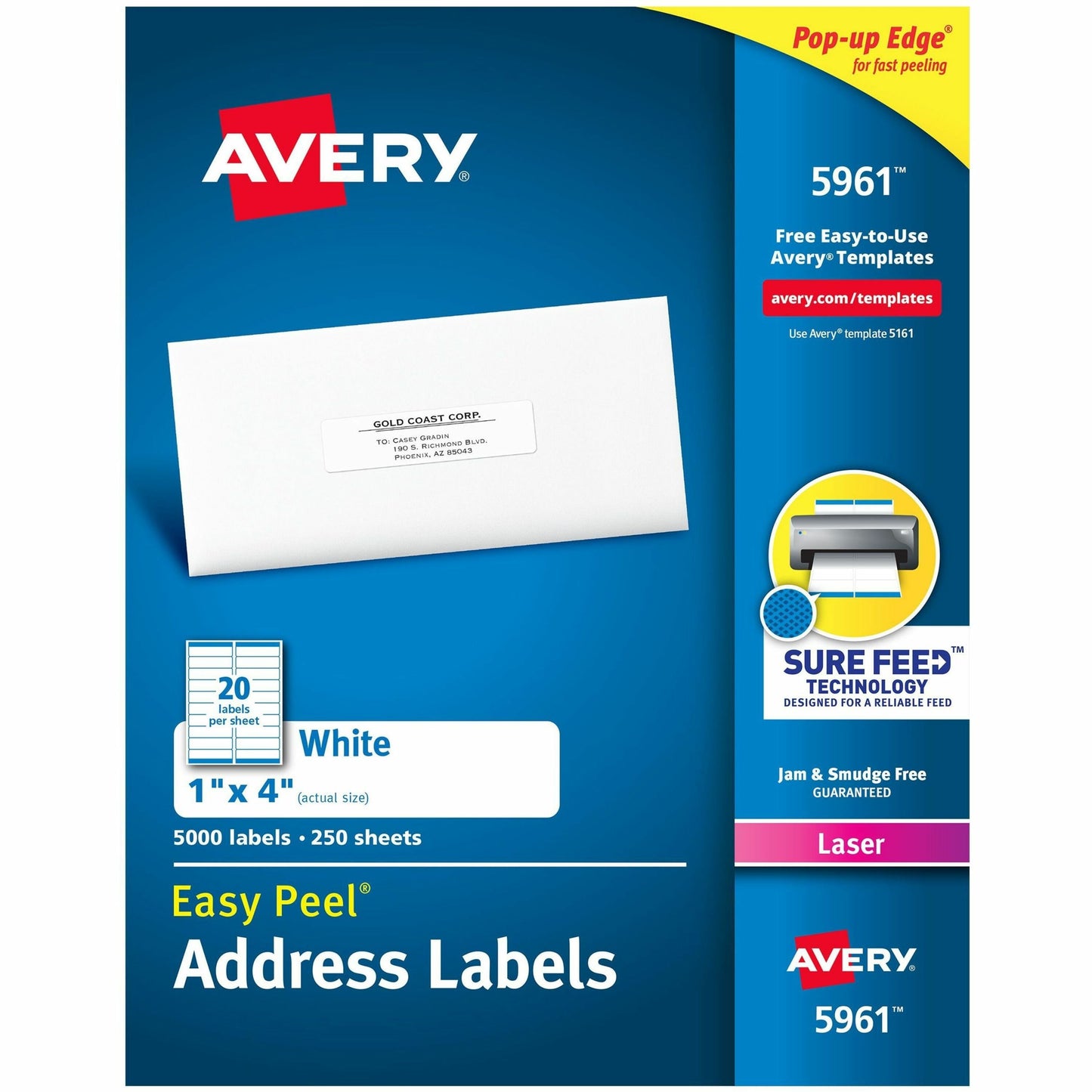 Avery&reg; White Rectangle Labels with Sure Feed&trade; TechnologyEasy Peel&reg;, 1" x 4" , for Laser and Inkjet Printers
