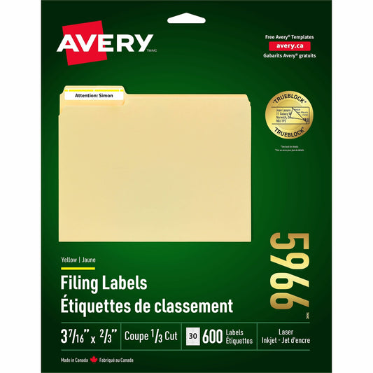 Avery&reg; Filing Labelswith TrueBlock™ Technology for Laser and Inkjet Printers, 2/3" x 3-7/16" , Yellow