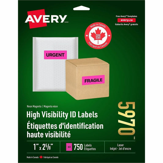Avery&reg; High Visibility Neon ID Labelsfor Laser and Inkjet Printers, 1" x 2-5/8" , Neon Pink