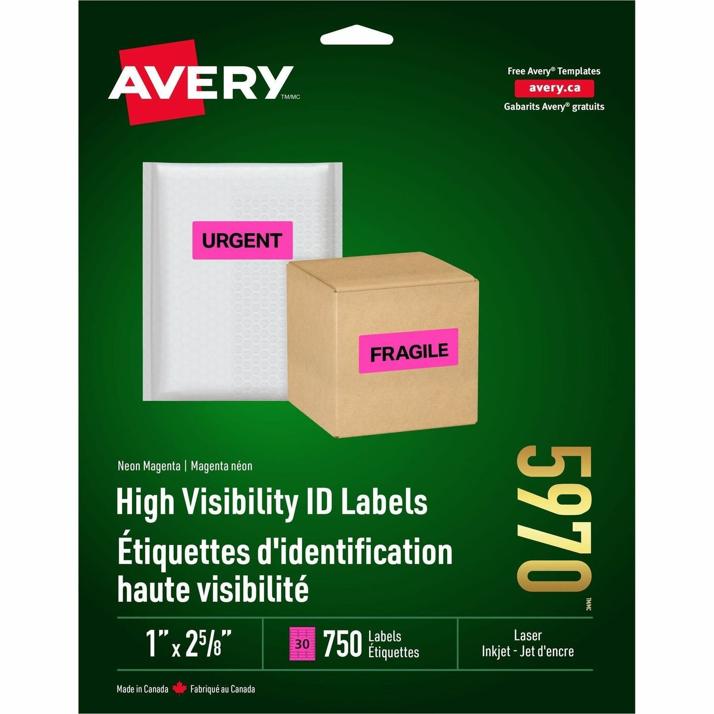 Avery&reg; High Visibility Neon ID Labelsfor Laser and Inkjet Printers, 1" x 2-5/8" , Neon Pink