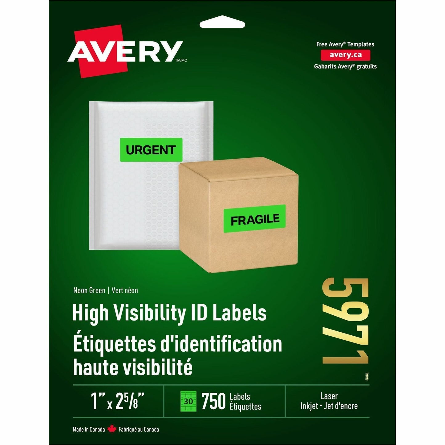 Avery&reg; High Visibility Neon ID Labelsfor Laser and Inkjet Printers, 1" x 2-5/8" , Neon Green