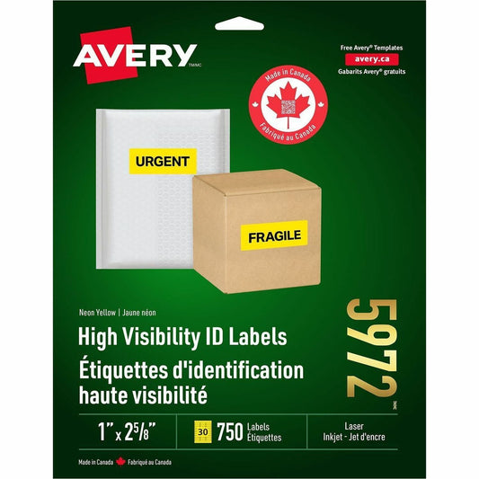 Avery&reg; High Visibility Neon ID Labelsfor Laser and Inkjet Printers, 1" x 2-5/8" , Neon Yellow