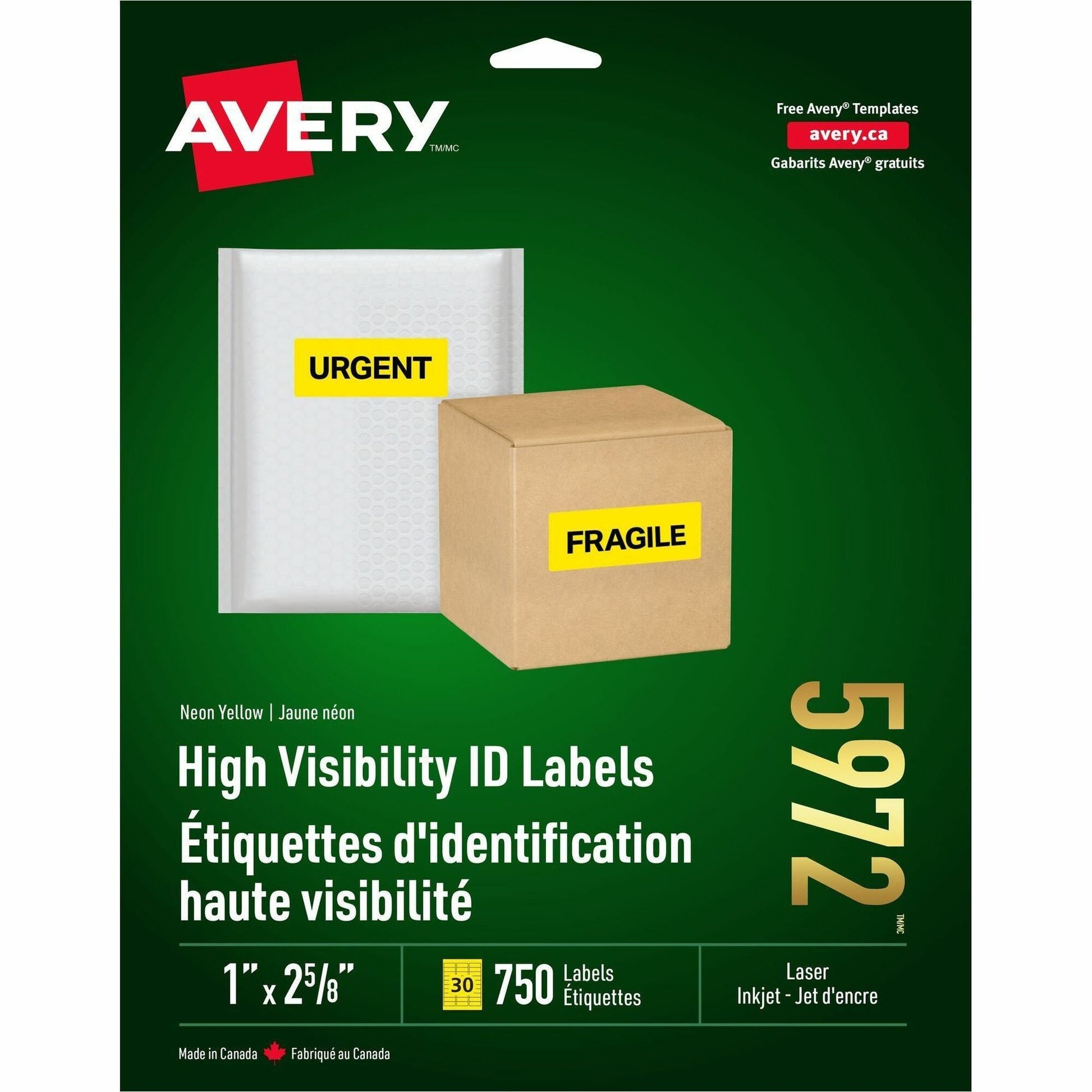 Avery&reg; High Visibility Neon ID Labelsfor Laser and Inkjet Printers, 1" x 2-5/8" , Neon Yellow