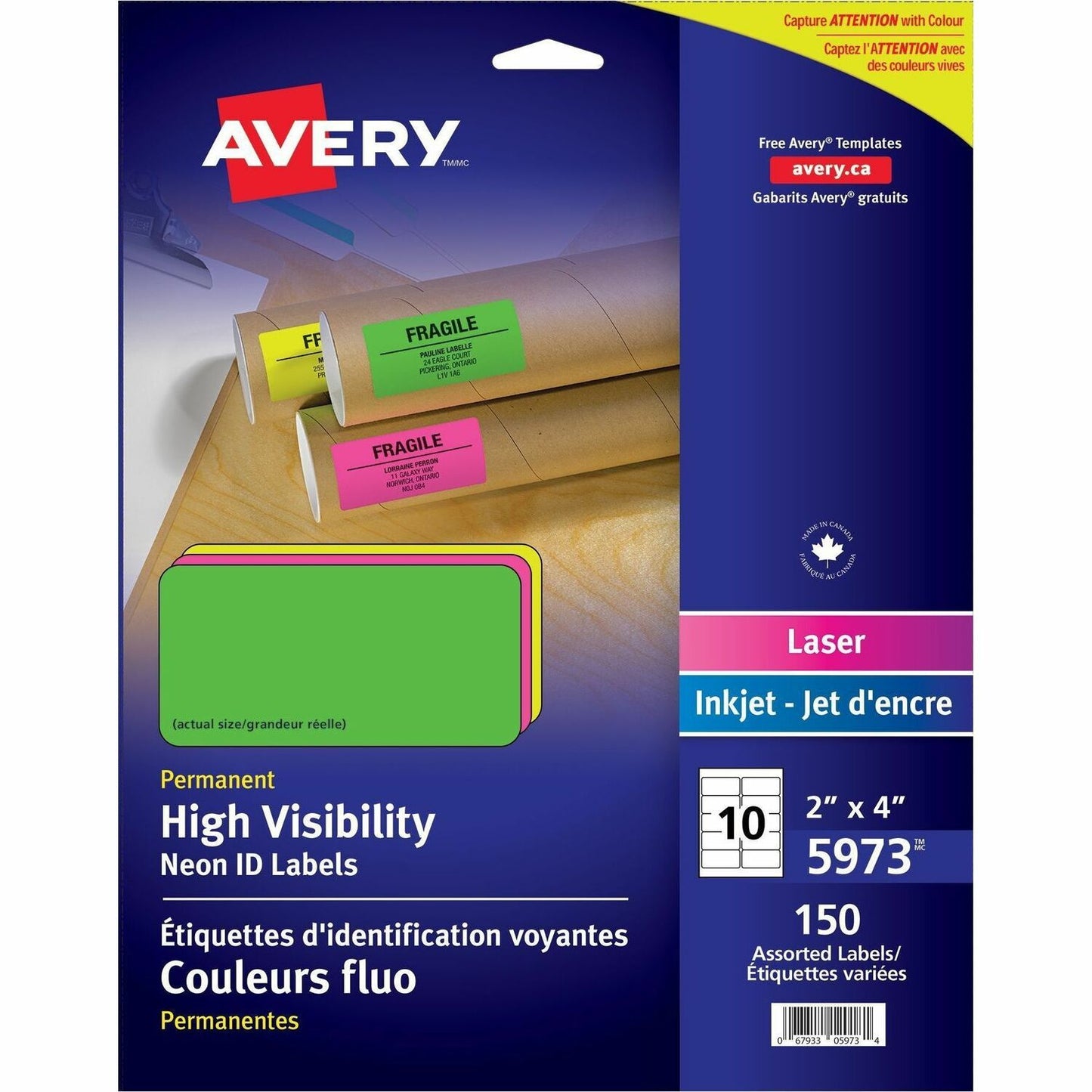 Avery&reg; High Visibility Neon ID Labelsfor Laser and Inkjet Printers, 2" x 4" , Assorted Colours