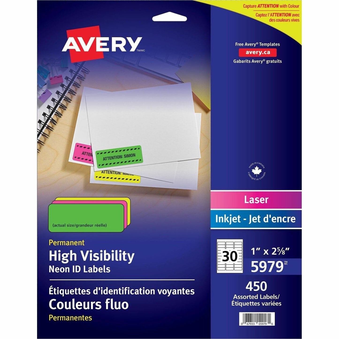 Avery&reg; High Visibility Neon ID Labelsfor Laser and Inkjet Printers, 1" x 2-5/8" , Assorted Colours