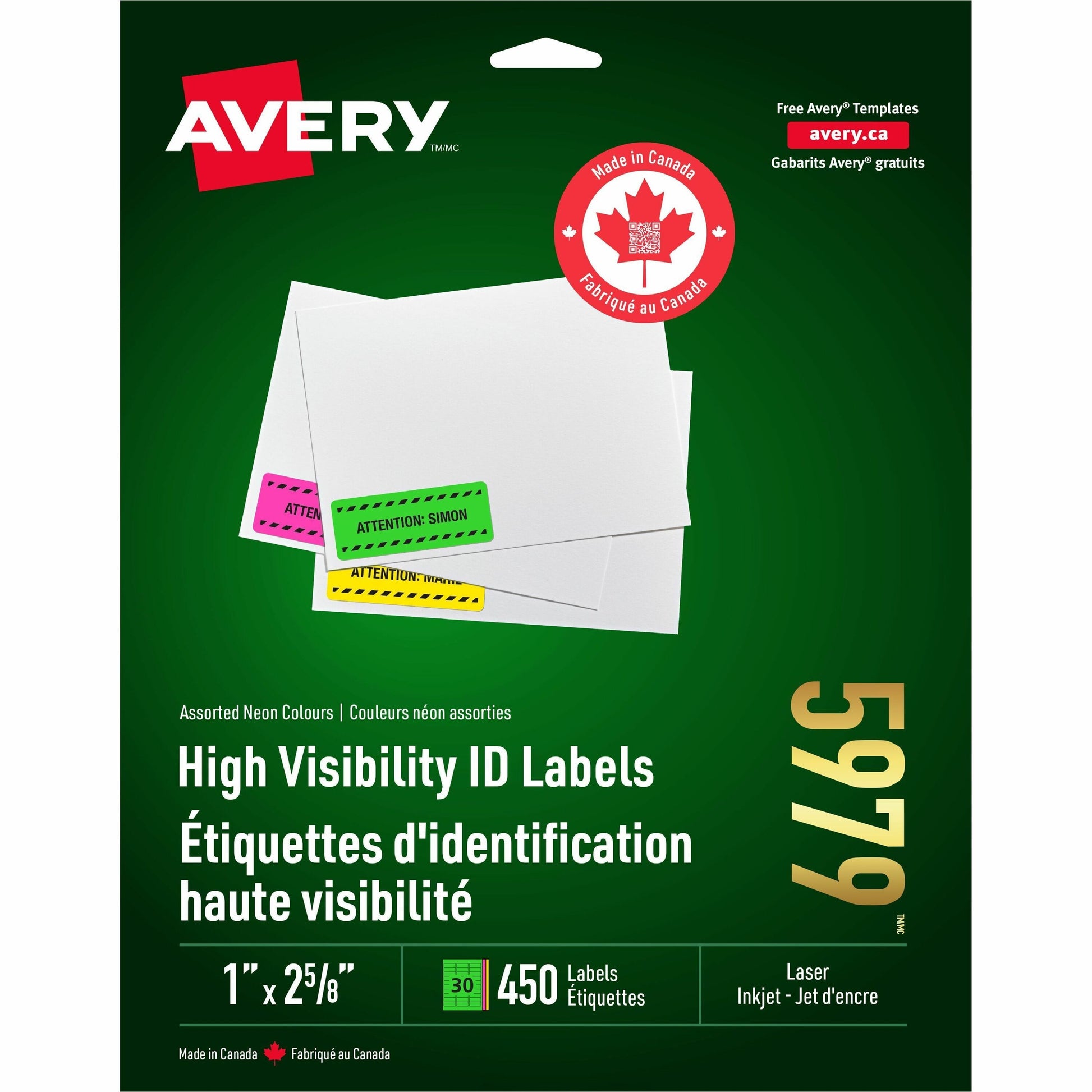 Avery High Visibility Neon ID Labels for Laser and Inkjet Printers, 1" x 2-5/8"