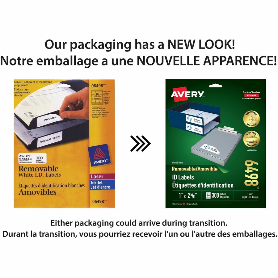 Avery Removable ID Labels for Laser and Inkjet Printers, 2-5/8" x 1" - 06498
