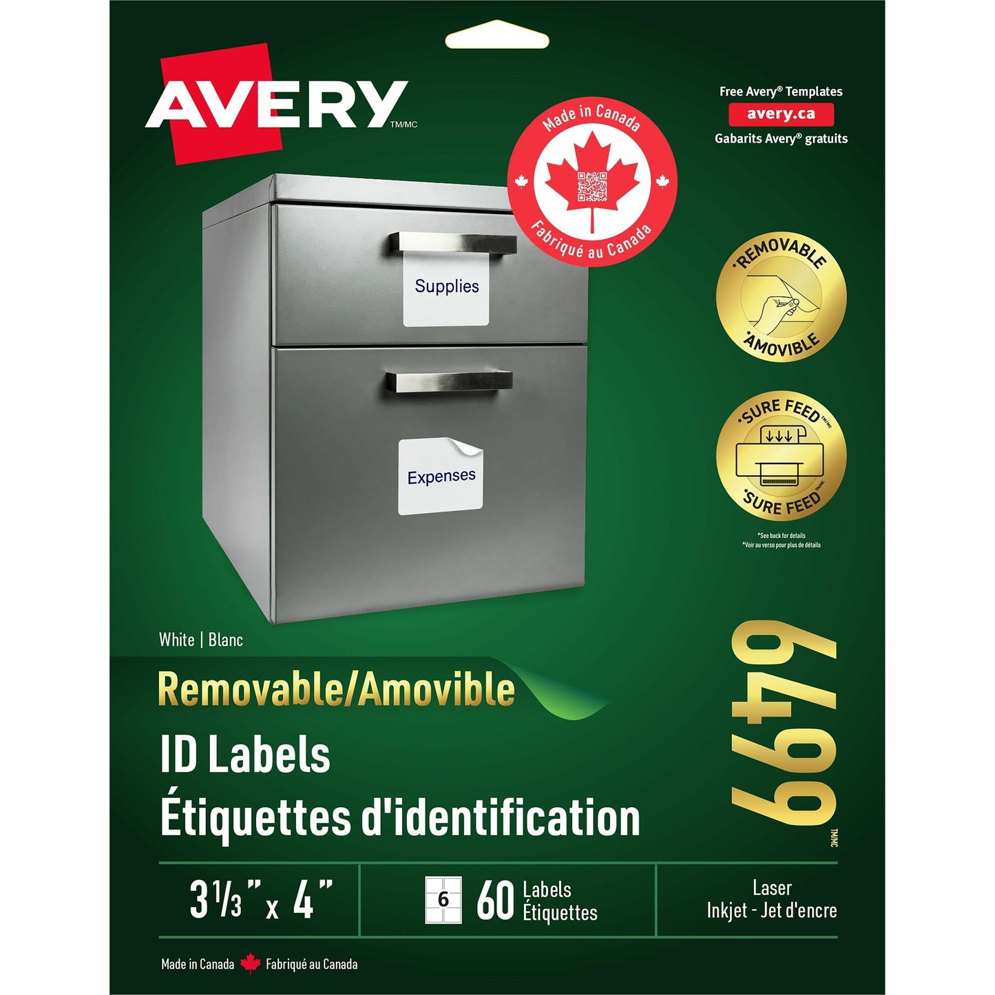 Avery Removable ID Labels for Laser and Inkjet Printers, 4" x 3-1/3"