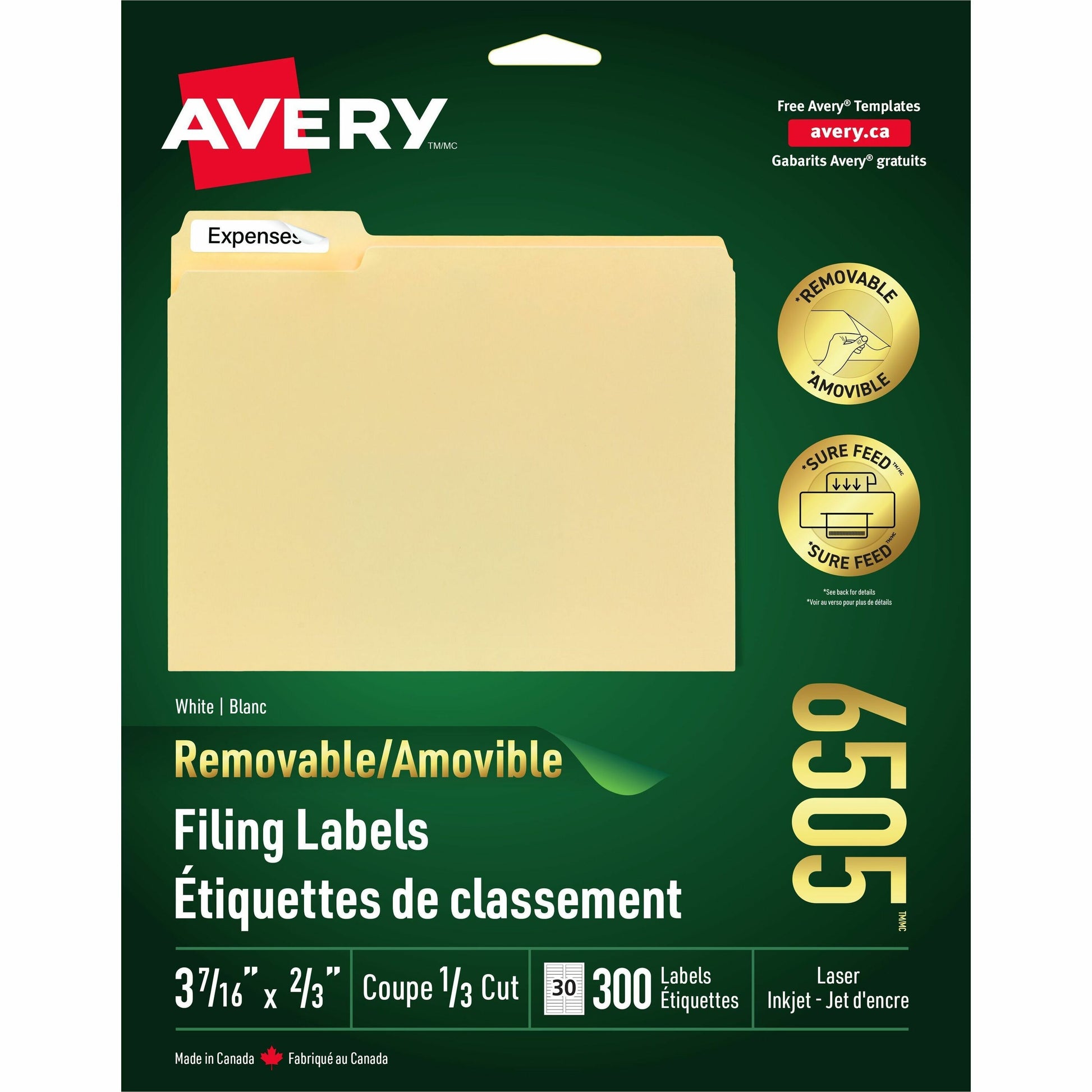 Avery&reg; Removable Filing Labelsfor Laser and Inkjet Printers, 3-7/16" x 2/3"