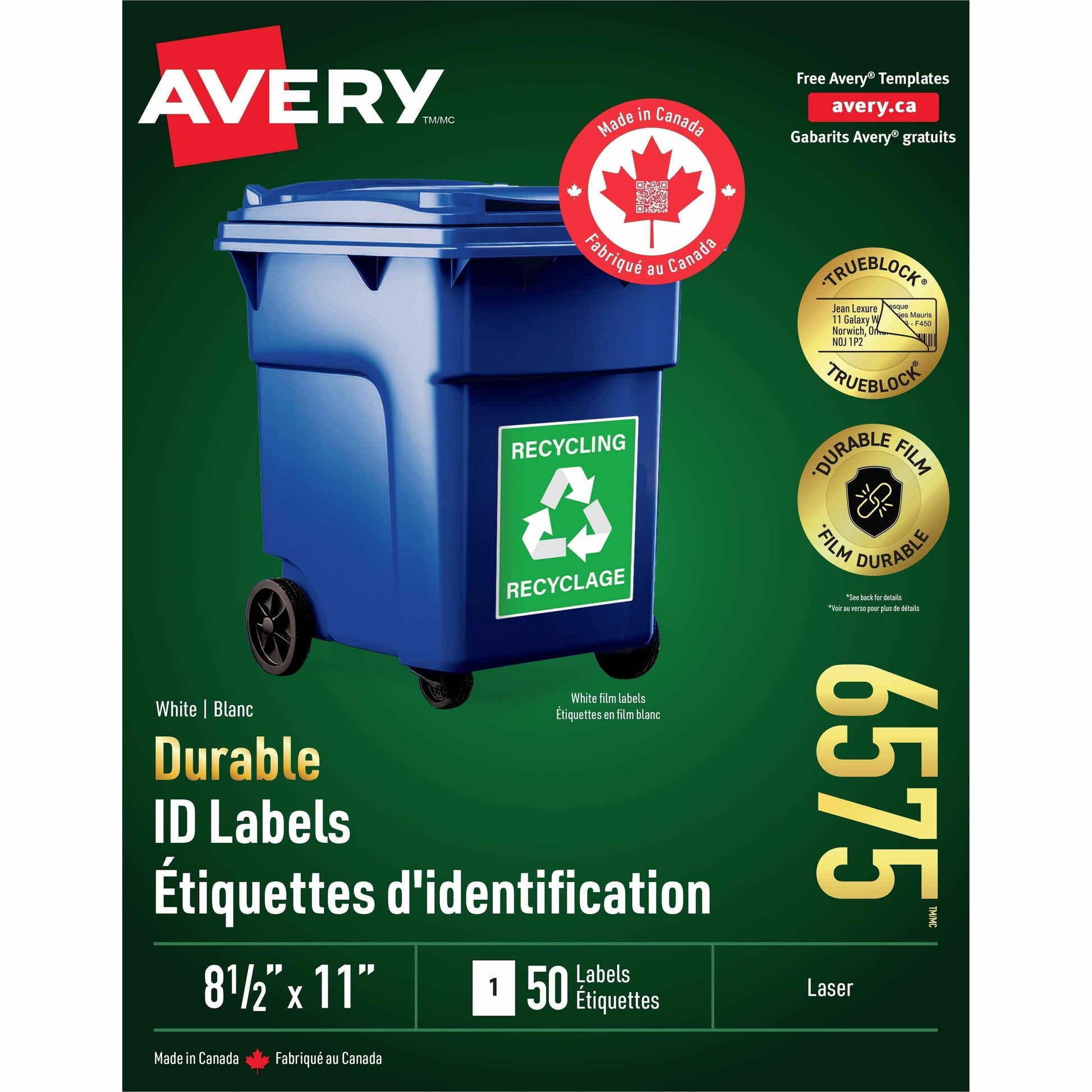 Avery&reg; Durable ID Labelswith TrueBlock™ Technology for Laser Printers, 8-1/2" x 11"
