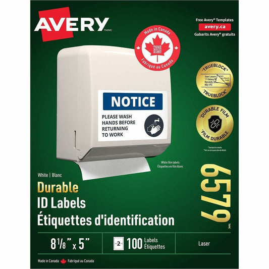 Avery&reg; Durable ID Labelswith TrueBlock™ Technology for Laser Printers, 8-1/8" x 5"