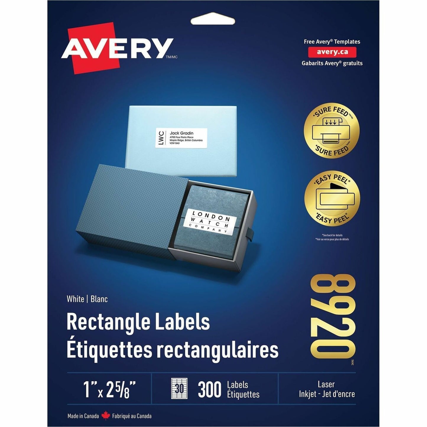 Avery&reg; White Rectangle Labels with Sure Feed&trade; TechnologyEasy Peel&reg;, 1" x 2-5/8" , for Laser and Inkjet Printers