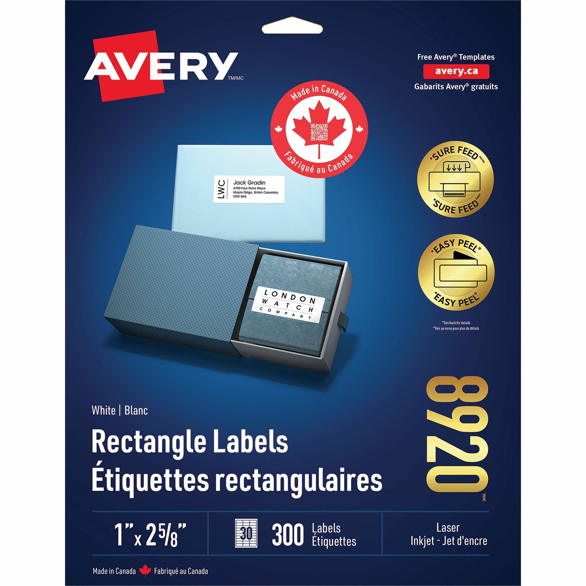 Avery White Rectangle Labels with Sure Feed™ Technology Easy Peel&reg;, 1" x 2-5/8" , Permanent Adhesive, for Laser and Inkjet Printers