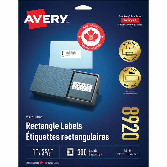 Avery White Rectangle Labels with Sure Feed™ Technology Easy Peel&reg;, 1" x 2-5/8" , Permanent Adhesive, for Laser and Inkjet Printers