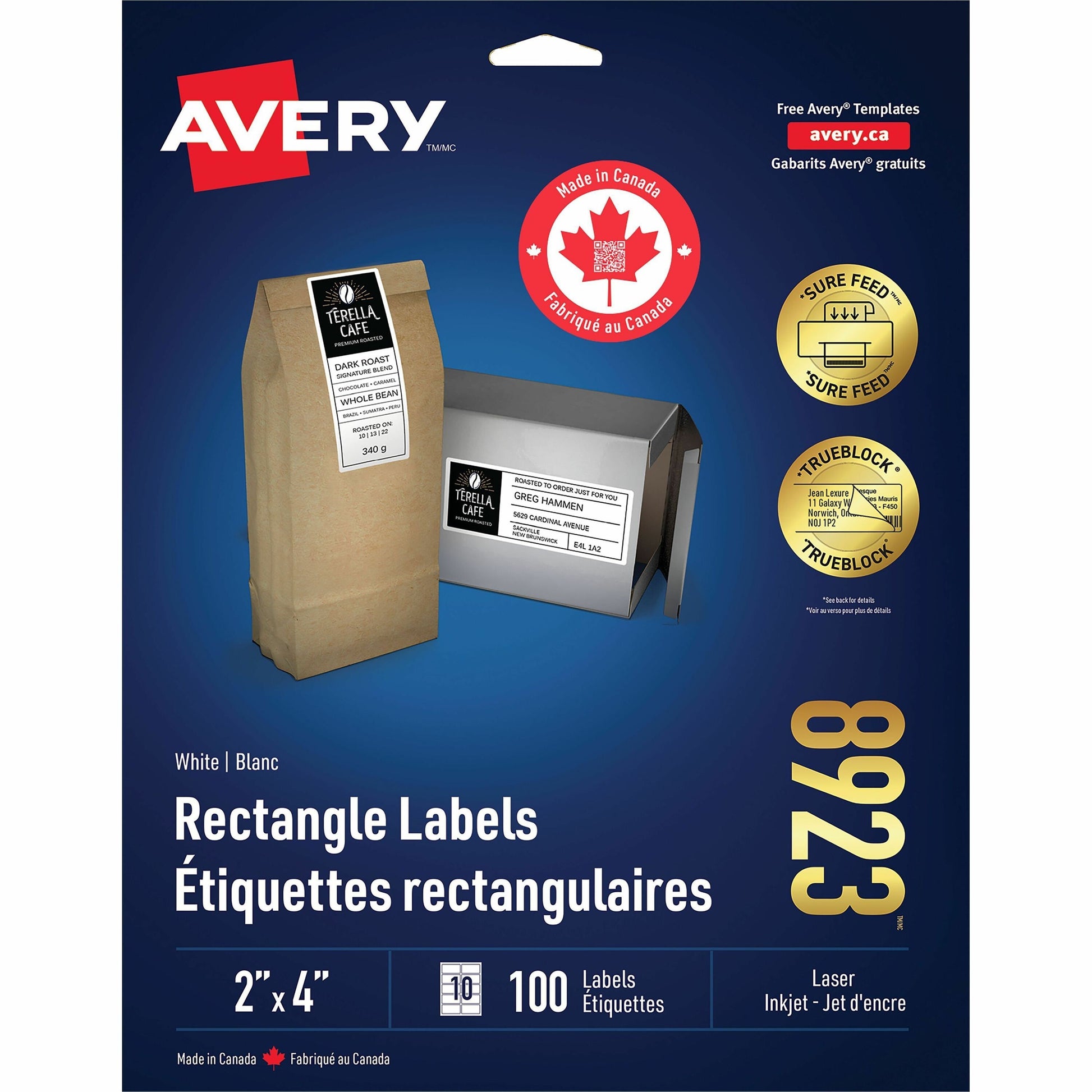 Avery White Rectangle Labels with Sure Feed™Technology TrueBlock&reg;, 2" x 4" , Permanent Adhesive, for Laser and Inkjet Printers
