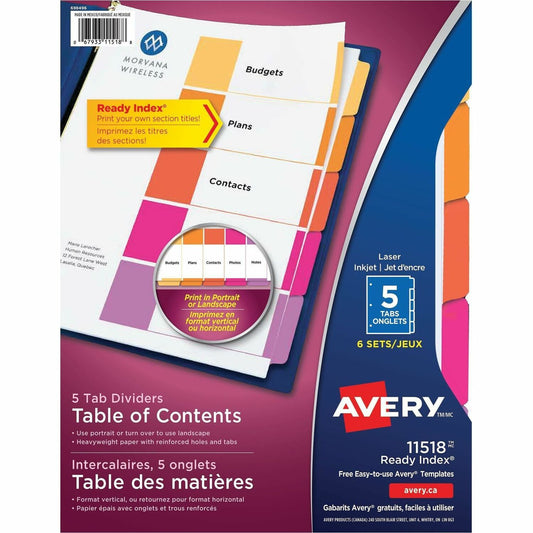 Avery&reg; Ready Index&reg; Table of Content Dividers, 5 tabs, 6 sets