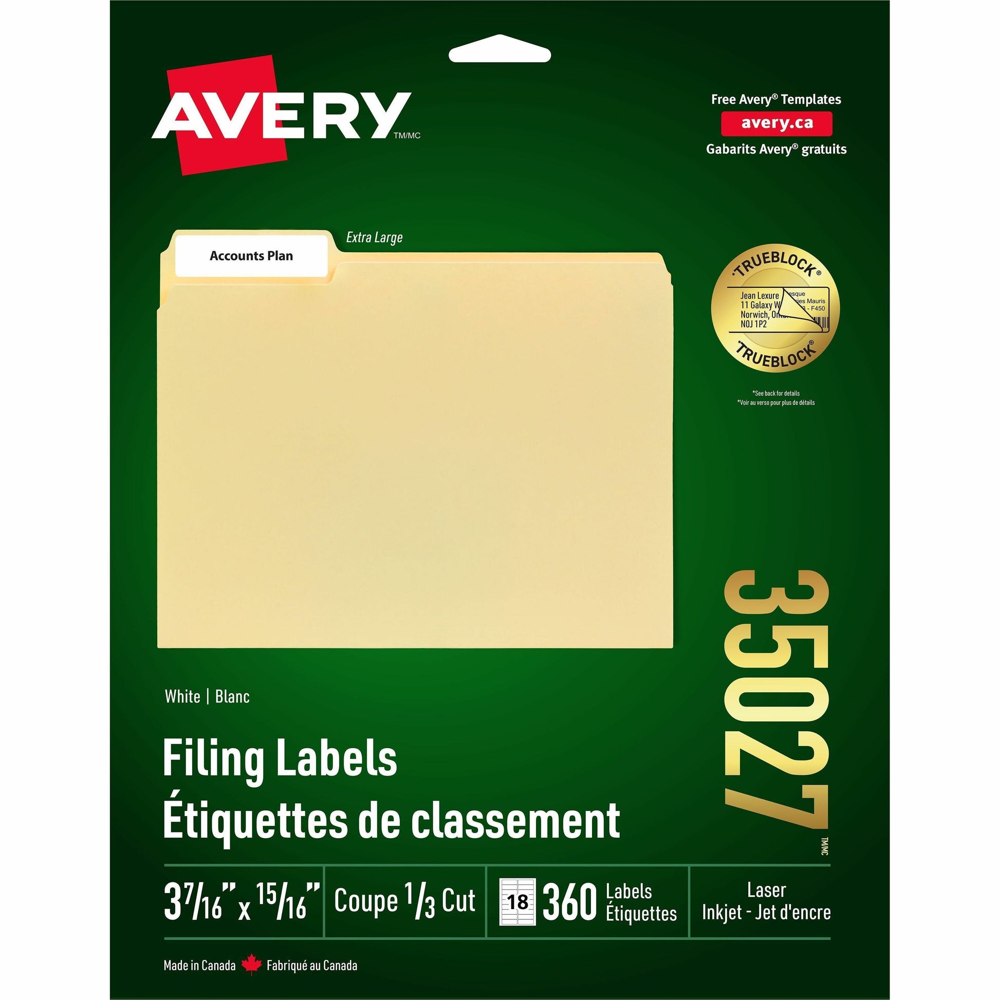 Avery&reg; Extra Large Filing Labelswith TrueBlock&trade; Technology for Laser and Inkjet Printers, 3-7/16" x 15/16" , White