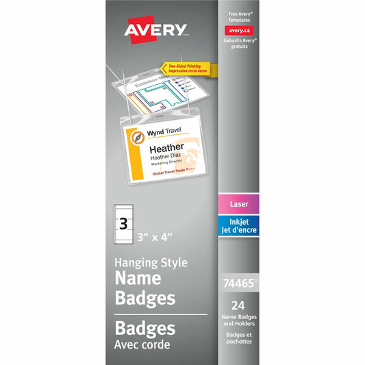 Avery&reg; Hanging Name Badge kitfor Laser and Inkjet Printers, 4" x 3"