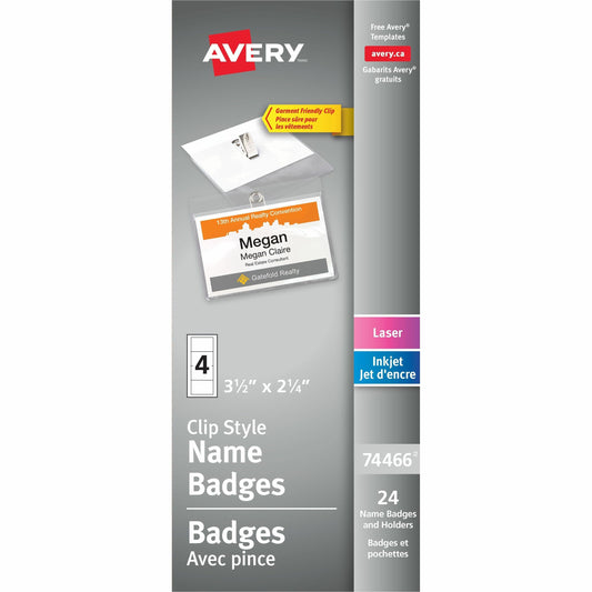 Avery&reg; Garment Friendly Clip Style Name Badge Kitfor Laser and Inkjet Printers, 2-1/4" x 3-1/2"
