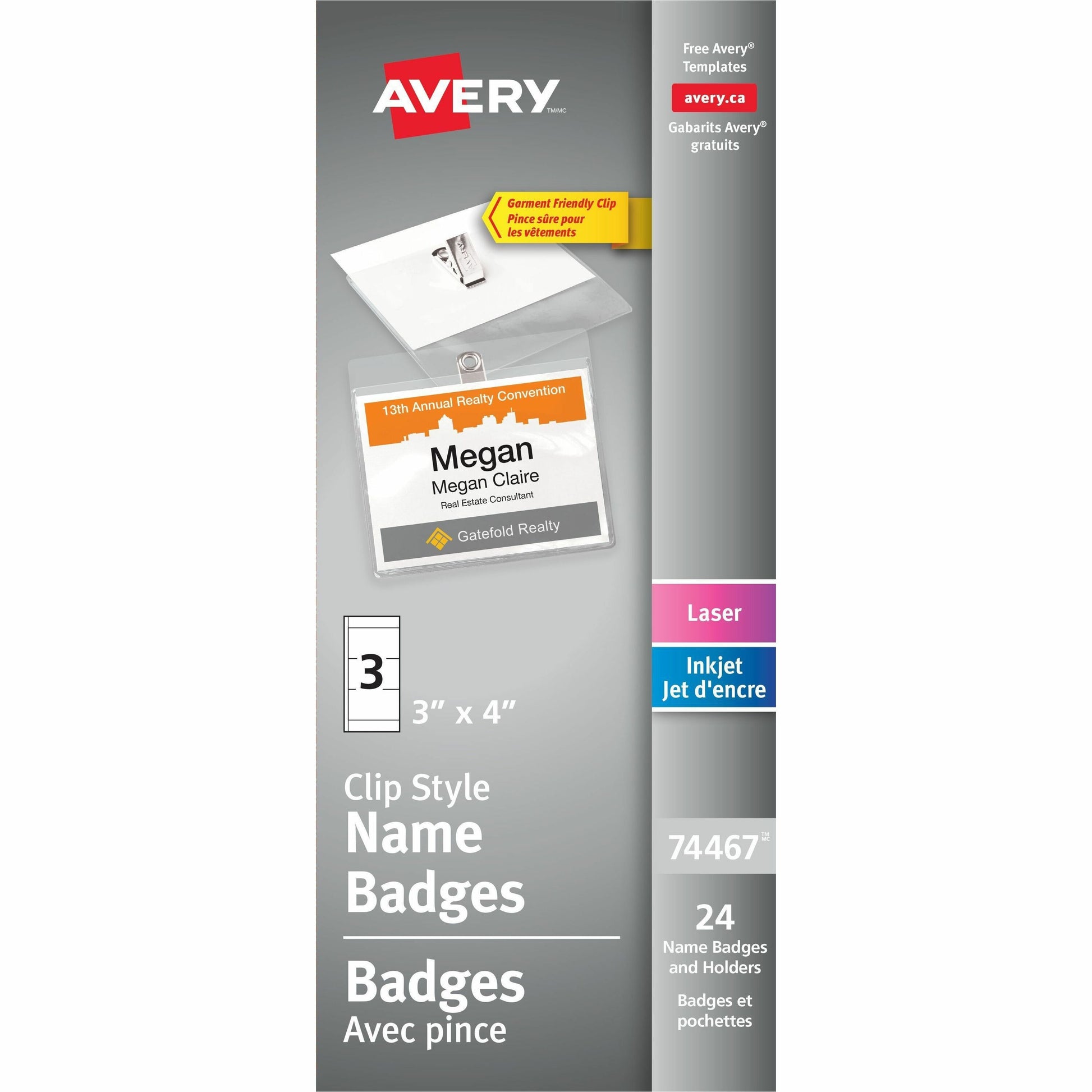 Avery&reg; Garment Friendly Clip Style Name Badge Kitfor Laser and Inkjet Printers, 4" x 3"