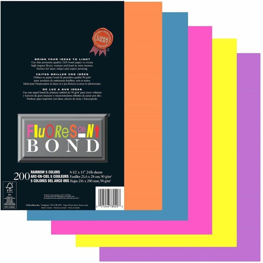 St. James&reg; Fluorescent Bond Paper, Rainbow, 5 Colours, Pack of 200, 78020 - 78020