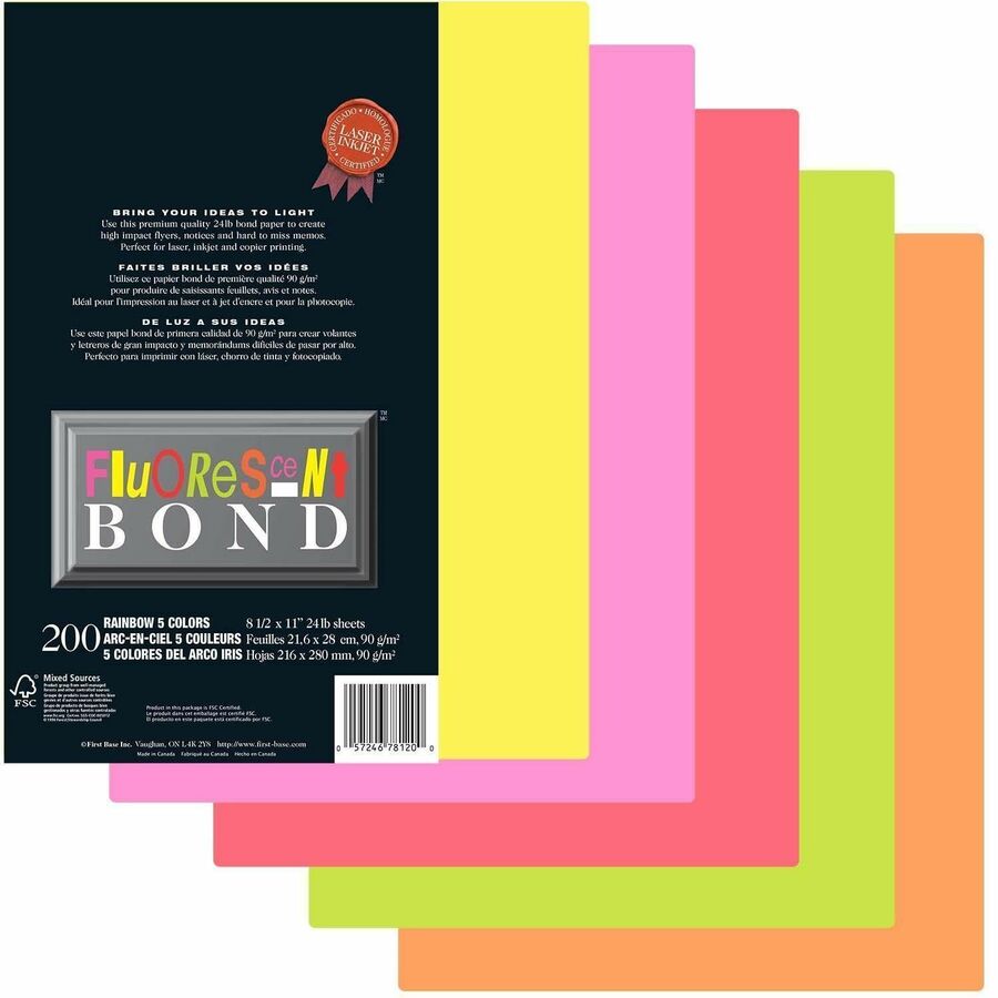 St. James&reg; Fluorescent Bond Paper, Rainbow, 5 Bright Colours, Pack of 200, 78120 - 78120