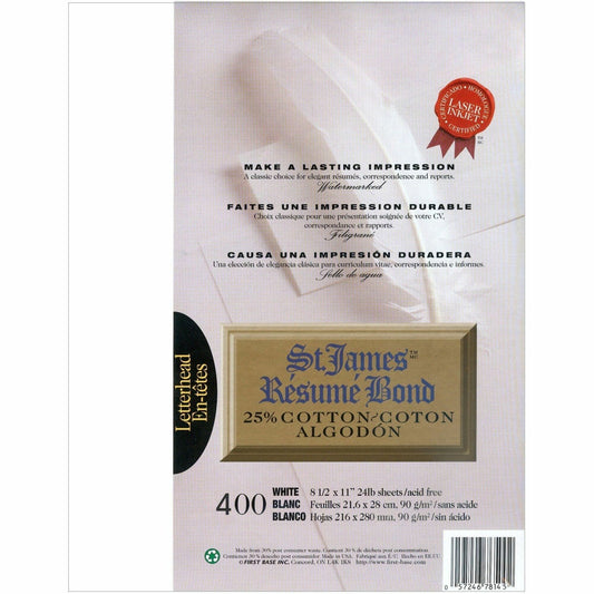 St. James&reg; R&eacute;sum&eacute; Bond, 25% Cotton, 24 lb Letter-Size Paper, White, Pack of 400, 78145