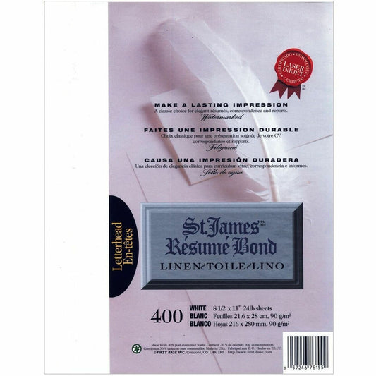 St. James&reg; R&eacute;sum&eacute; Bond, Linen, 24 lb Letter-Size Paper, White, Pack of 400, 78155