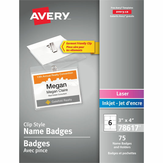 Avery&reg; Garment Friendly Clip Style Name Badge Kitfor Laser and Inkjet Printers, 4" x 3"