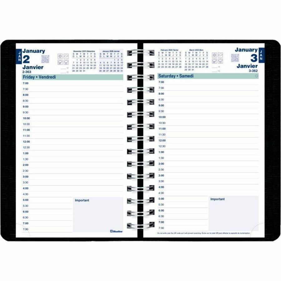 Blueline PlannerPlus Daily Planner, 8" x 5" , Bilingual, Black - C1504N81BT