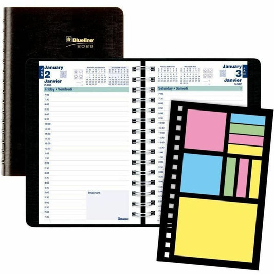 Blueline PlannerPlus Daily Planner, 8" x 5" , Bilingual, Black