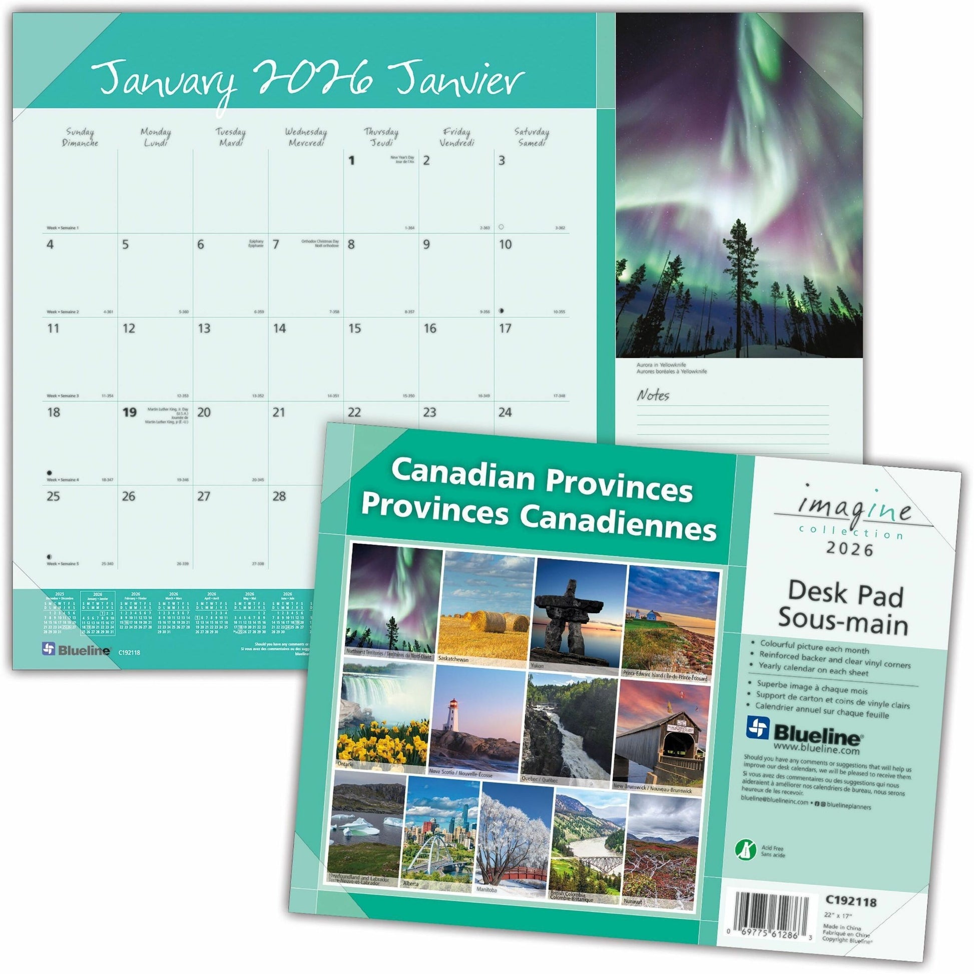Blueline Canadian Provinces Monthly Desk Pad Calendar, 22" x 17" , Bilingual