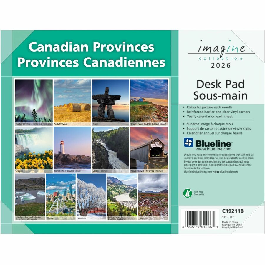 Blueline Canadian Provinces Monthly Desk Pad Calendar, 22" x 17" , Bilingual - C192118