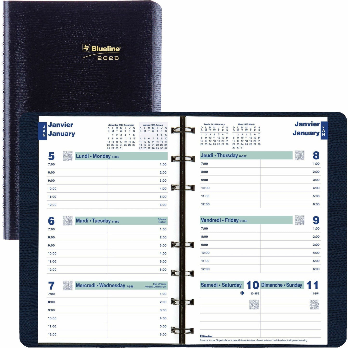 Blueline Essential Weekly Planner. 8" x 5" , Bilingual, Blue
